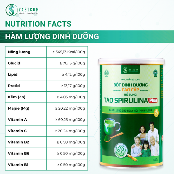 Bột dinh dưỡng cao cấp bổ sung Tảo Spirulina | Premium Nutritional Powder with Spirulina Supplement – Hộp 500g - VASTCOM